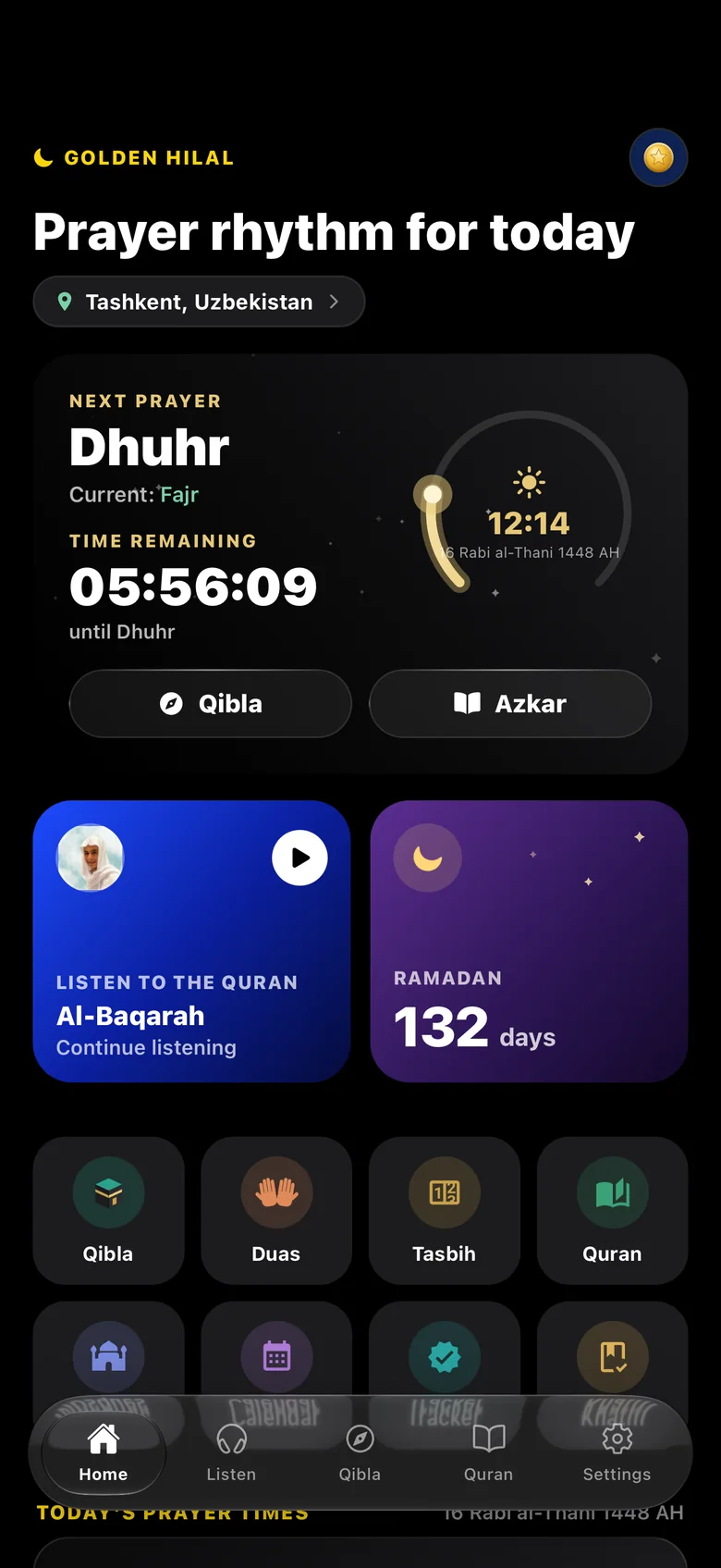 Golden Hilal home screen with the next prayer and countdown